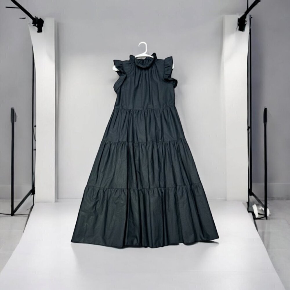 Chepe Black Tiered Ruffle Sleeve Maxi Dress